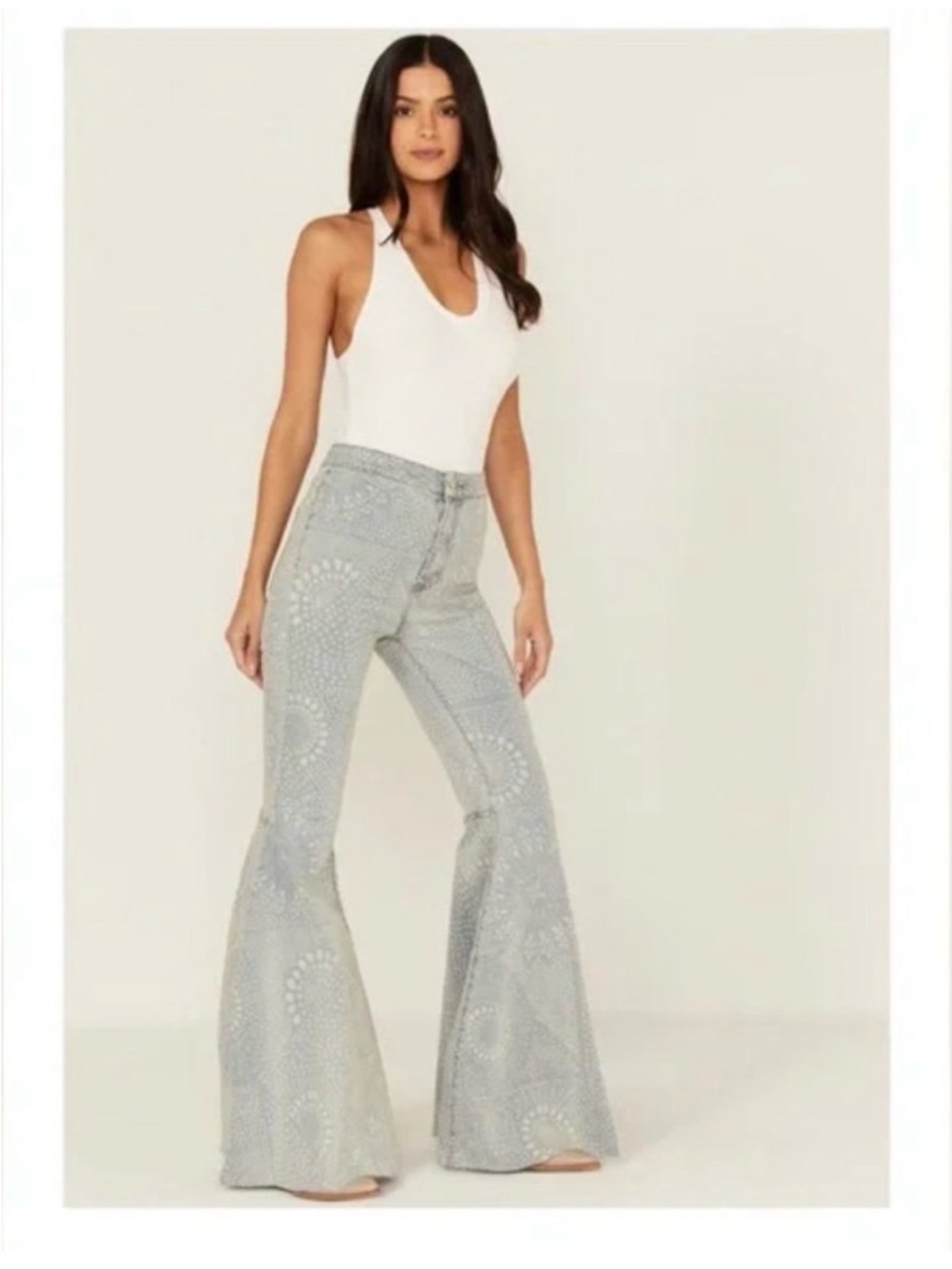 Free People Women's Light Wash High Rise Geo Print Just Float On Flare Jeans